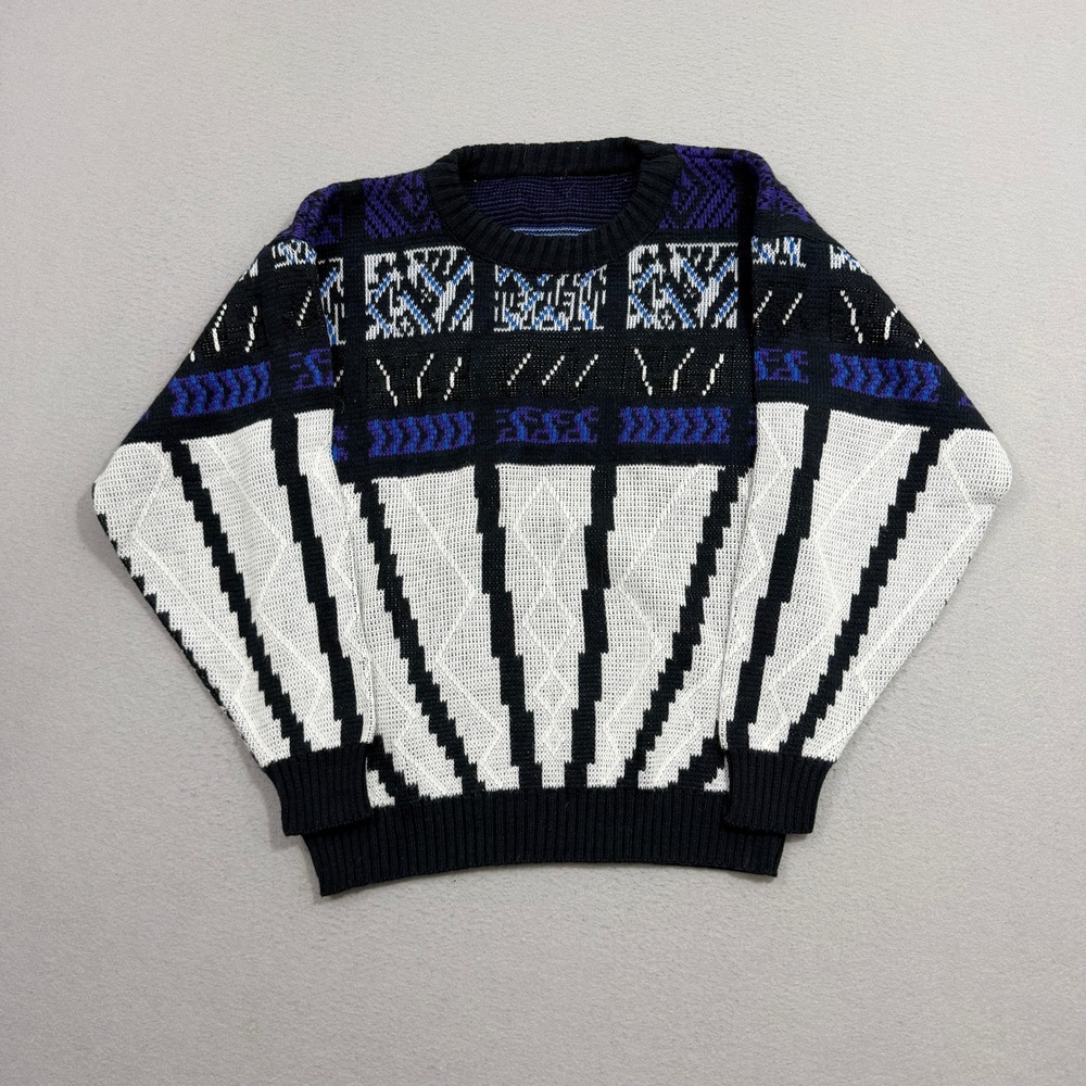 Vintage Sweater Men's Large Black Geometric Abstract Crewneck Acrylic USA Made
